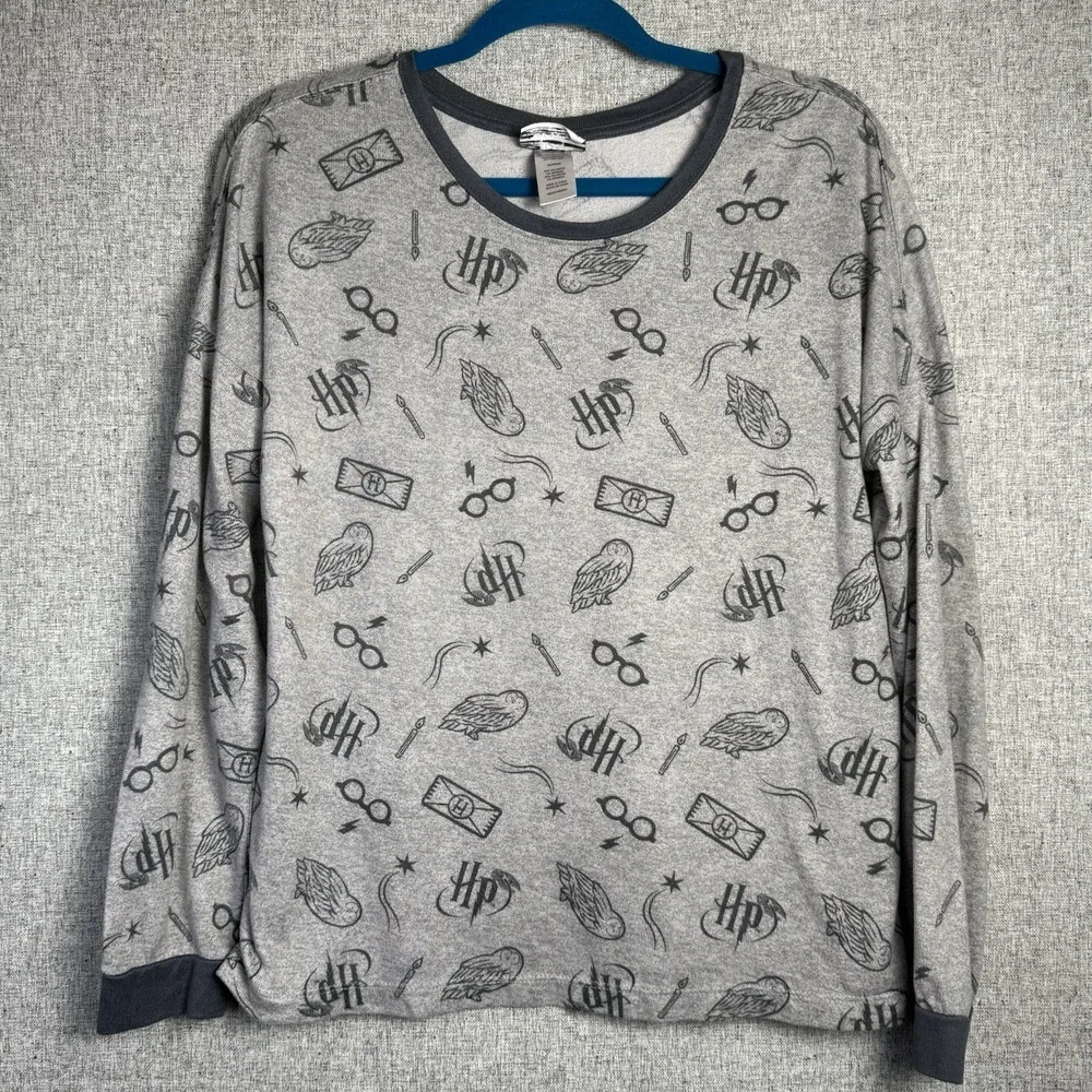 Wizarding World Harry Potter‎ Gray Owl Glasses Print Cozy Pajama Shirt MEDIUM